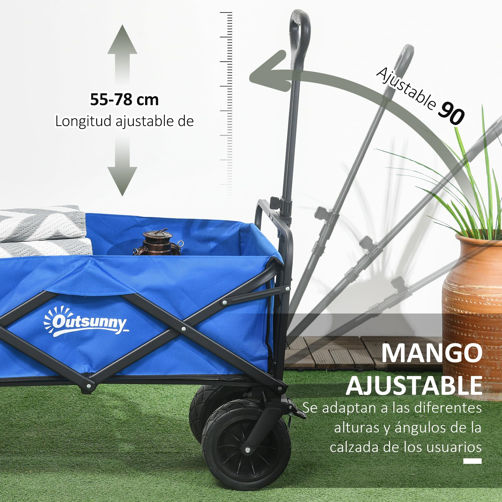 Outsunny Carro Plegable con Ruedas Grandes con Bolsa Térmica Desmontable Carro para Playa con Longitud y Ángulo del Mango Ajustables y Bolsa Transporte Carga 100 kg para Compra Jardín Exterior Azul