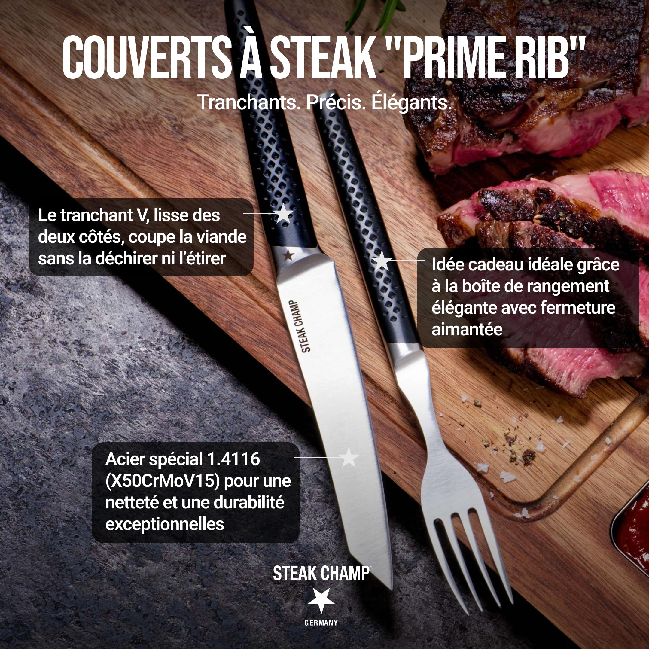 Steak Champ Set de Couverts Prime Rib: 2 couteaux & 2 fourchettes à steak en acier, poignées antidérapantes, design élégant, lame de 12,5 cm, idéal pour filet & ribeye, inclus boîte cadeau, 4 pièces