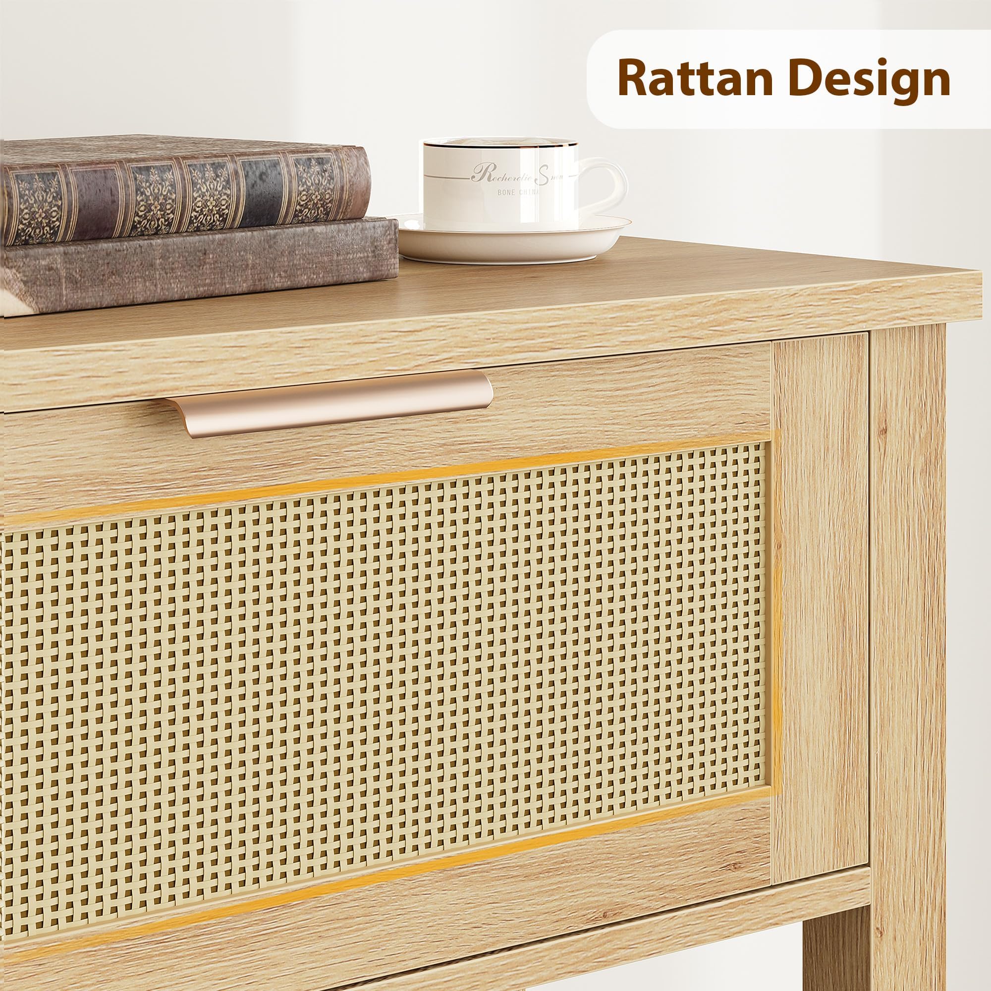 Garvee Table Console à 2 Niveaux, Meuble d’Entrée, Table d'appoint avec 2 Tiroirs en Rotin et Étagère de Rangement, pour Couloir Chambre Salon