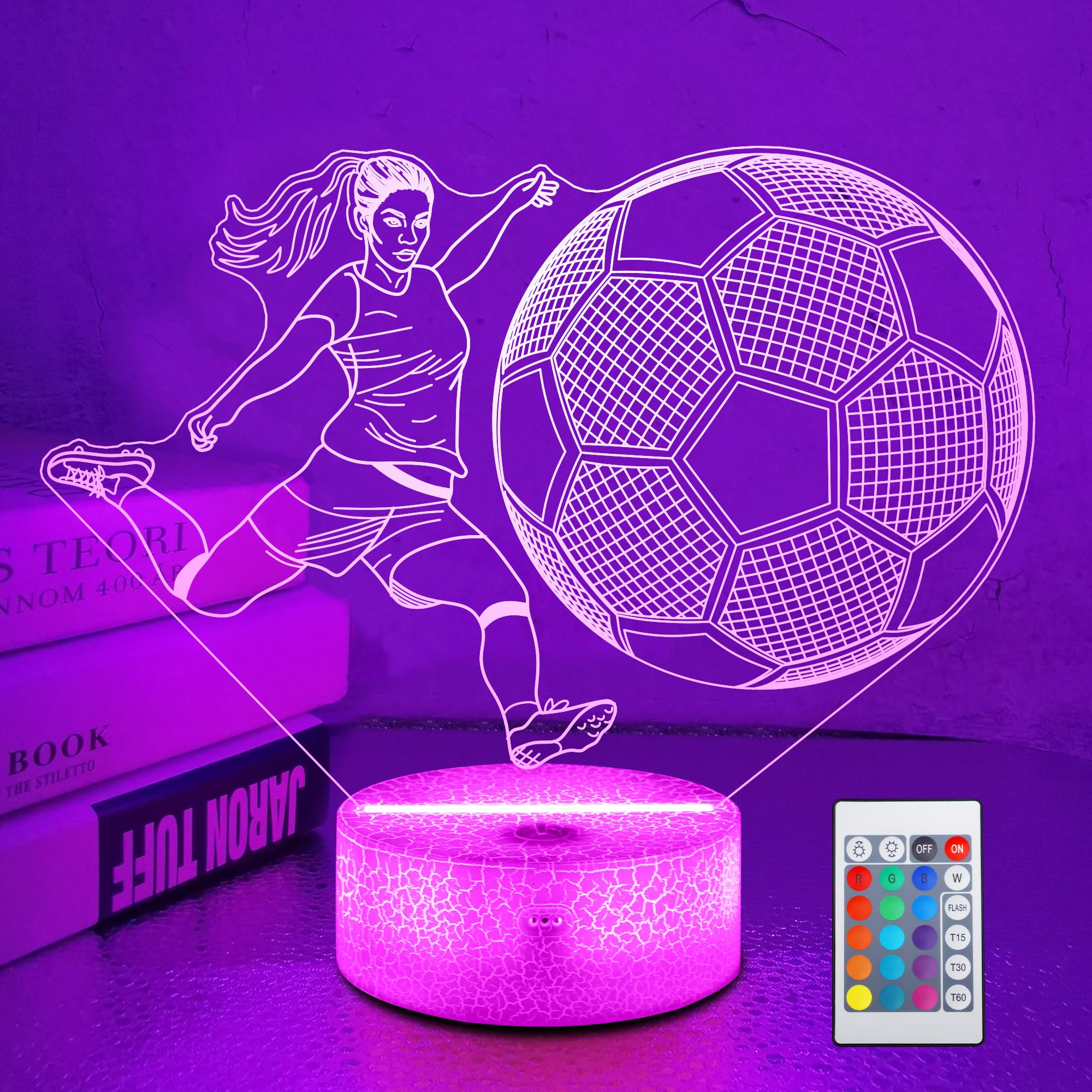 Soccer Gifts for Girls Bedroom Decor,Light Up Soccer 3D Illusion Lamp Night Light with 16 Colors Remote,Football Accessories Birthday Xmas Gifts for