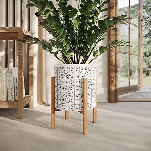 Miniatura 5 de EverNest Tristan Maceta bohemia blanca y negra con soporte Kinsley, macetas decorativas SelectBase, macetas contemporáneas, eclécticas estilo
