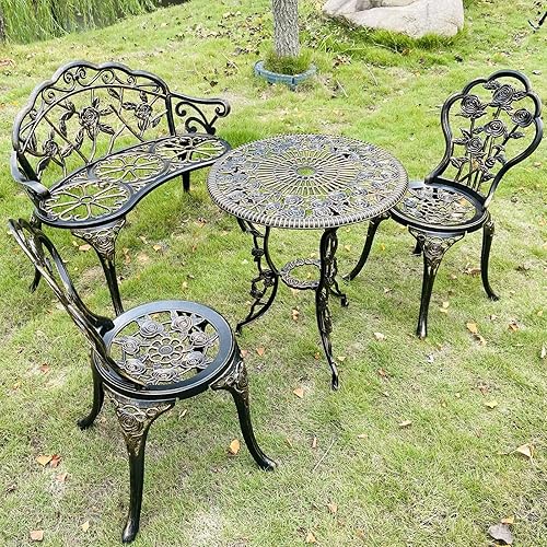 Mesas y sillas de balcón de 4 piezas, 1 mesa, 2 sillas redondas y 1 banco, aluminio fundido de metal, traje bistró, banco de jardín, patrón de rosa