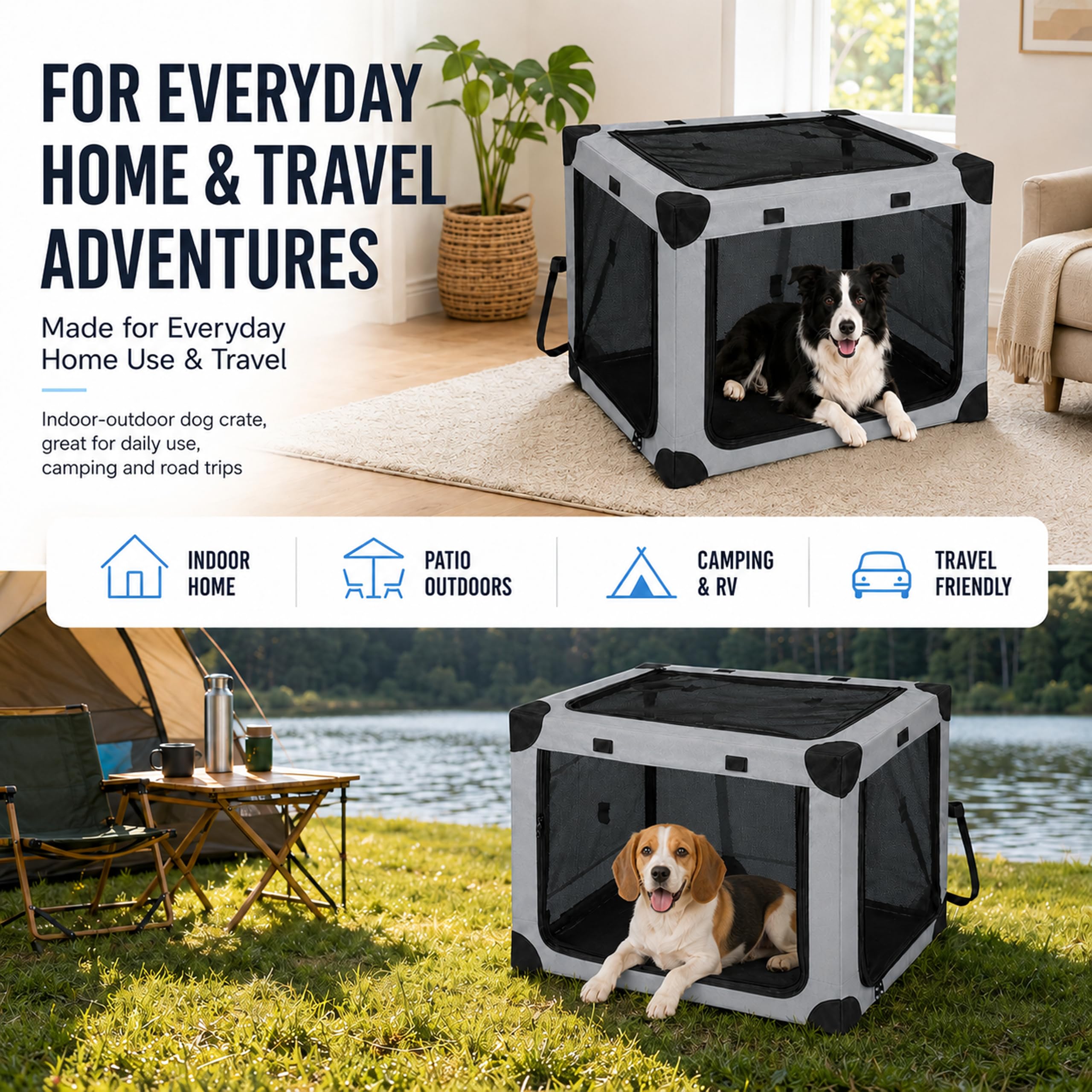ALLUMK Cage de Transport Pliable Taille L pour Chiens Moyens et Chats | Maille renforcée à 3 portes, sangles de fixation auto, dimensions 81x59x59cm, adapté voiture, camping et visites vétérinaires
