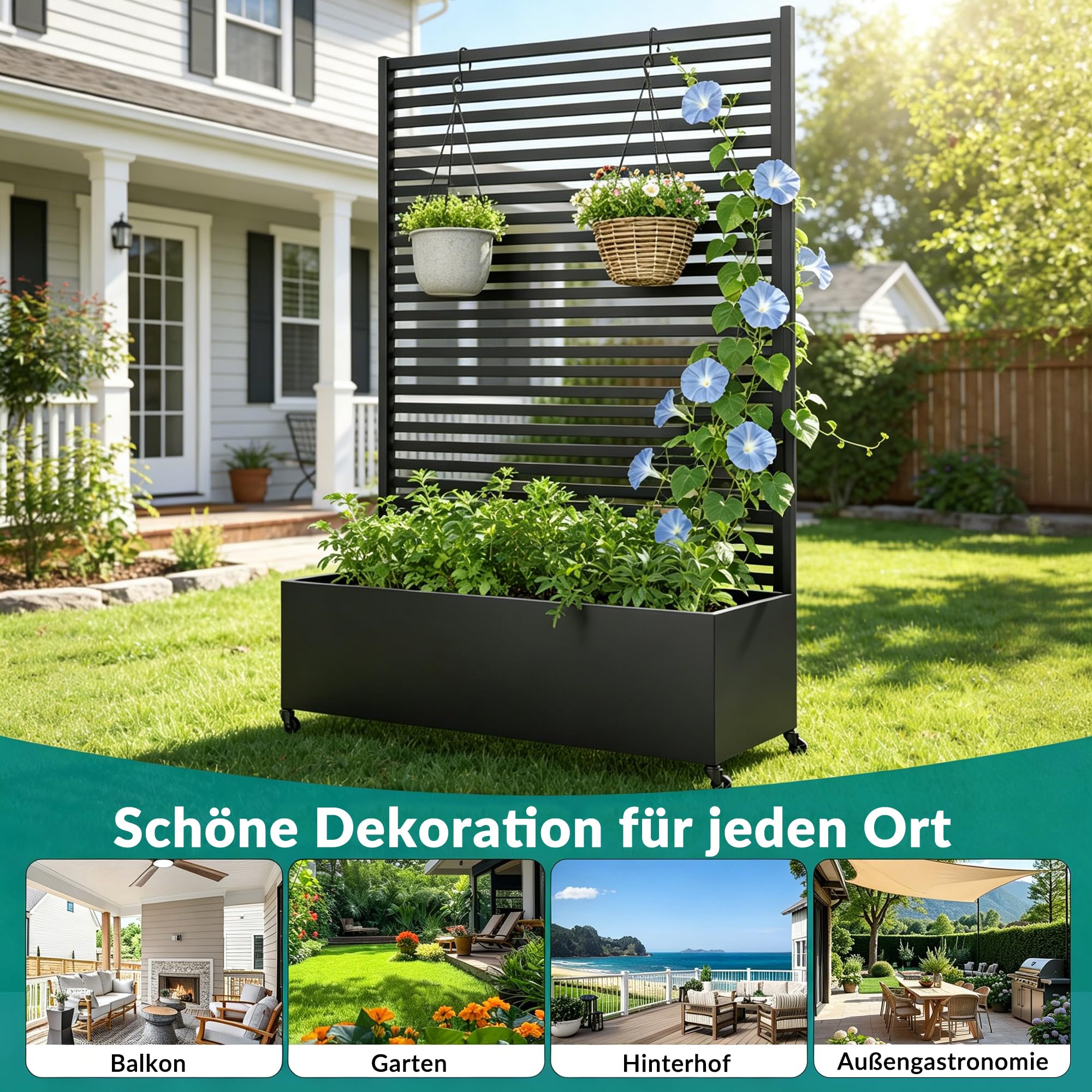 Pflanzkasten aus Metall für den Außenbereich mit Spalier, Hochbeet aus Metall mit Rad, freistehender Sichtschutz-Pflanzkasten für Blumen, Gemüse im Garten, auf der Terrasse, auf dem Balkon