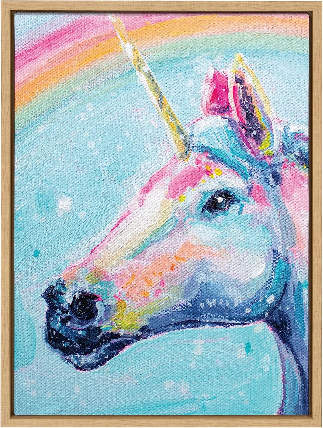 Kate and Laurel Sylvie Do You Believe in Magic Framed Canvas Wall Art by Rachel Christopoulos; 18x24 Natural; Modern Bright Colorful Unicorn Art for Wall
