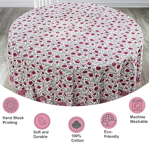 Miniatura 3 de Ridhi Sangria - Mantel redondo 100% algodón 110 % algodón, estampado a mano, lavable, reutilizable, para fiestas, bufé, comedor, bodas, campo,