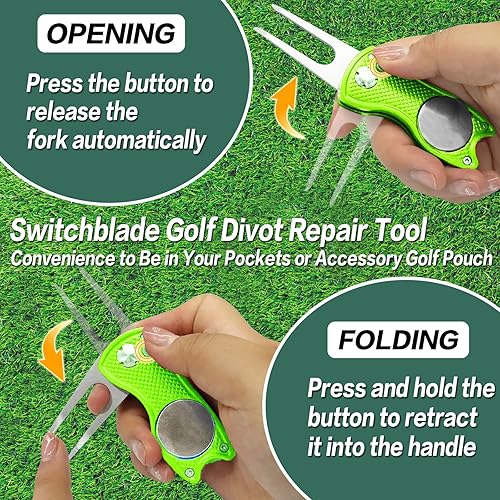Miniatura 3 de FINGER TEN Herramienta de reparación de golf Divot y marcador de bola, paquete económico, plegable de acero inoxidable magnético con botón