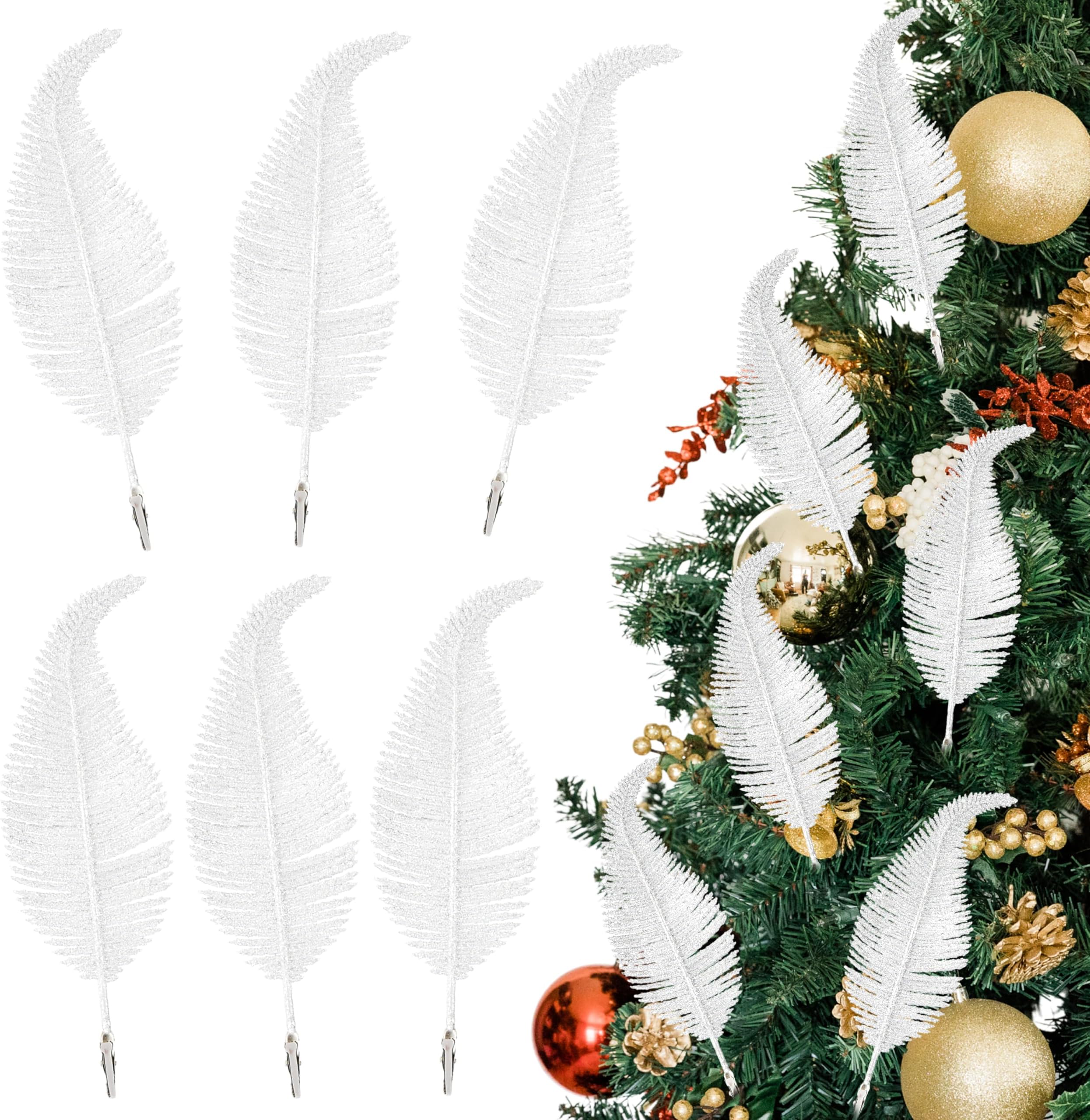Pack of 6 Christmas Glitter Feathers – Silver, White or Gold, 22cm, Clip on F...