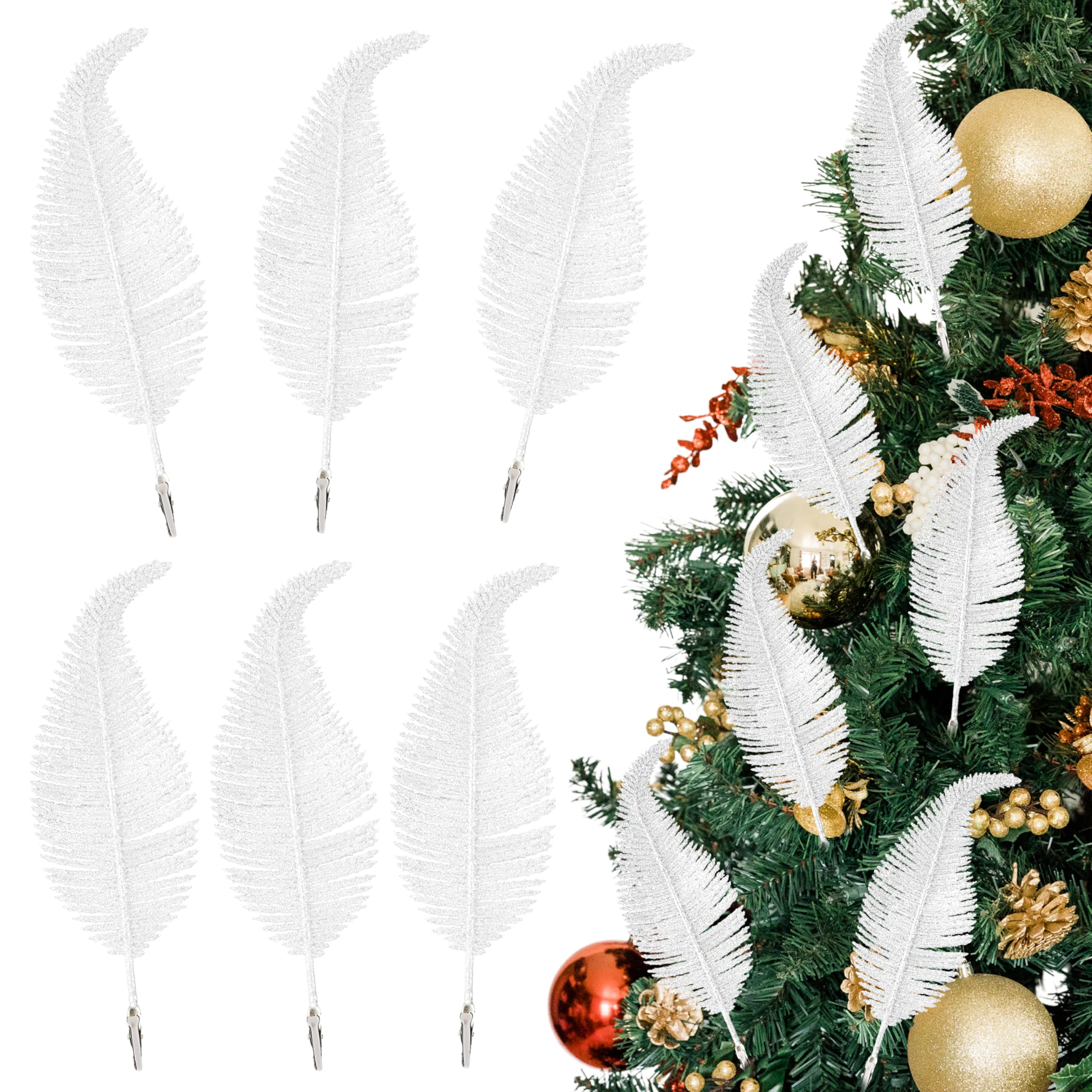 Pack of 6 Christmas Glitter Feathers – Silver, White or Gold, 22cm, Clip on F...