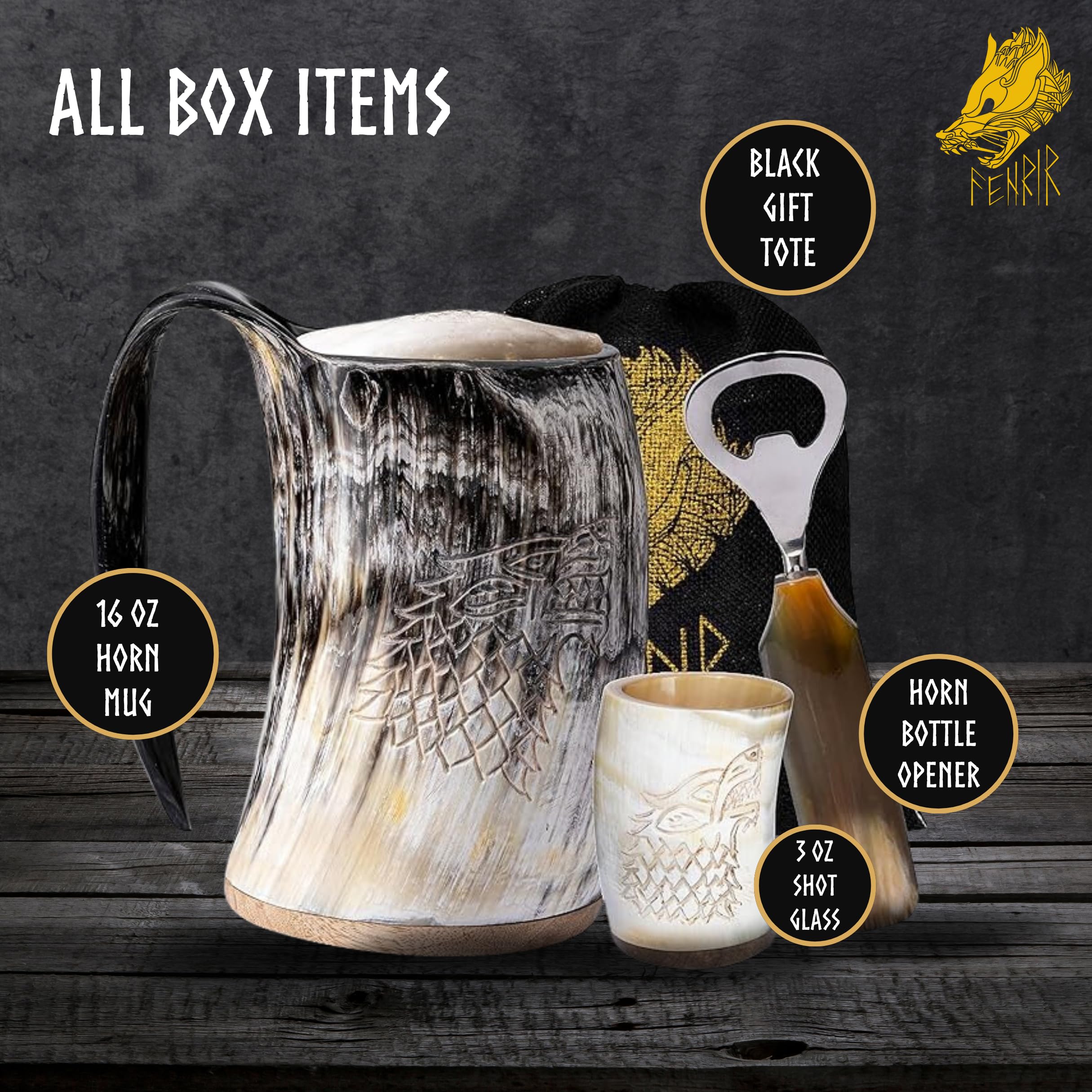 Fenrir Tasse en corne de Viking de 453,6 g avec verre à shot et ouvre-bouteille pour bière et boisson froide – Excellente idée de cadeau de Noël
