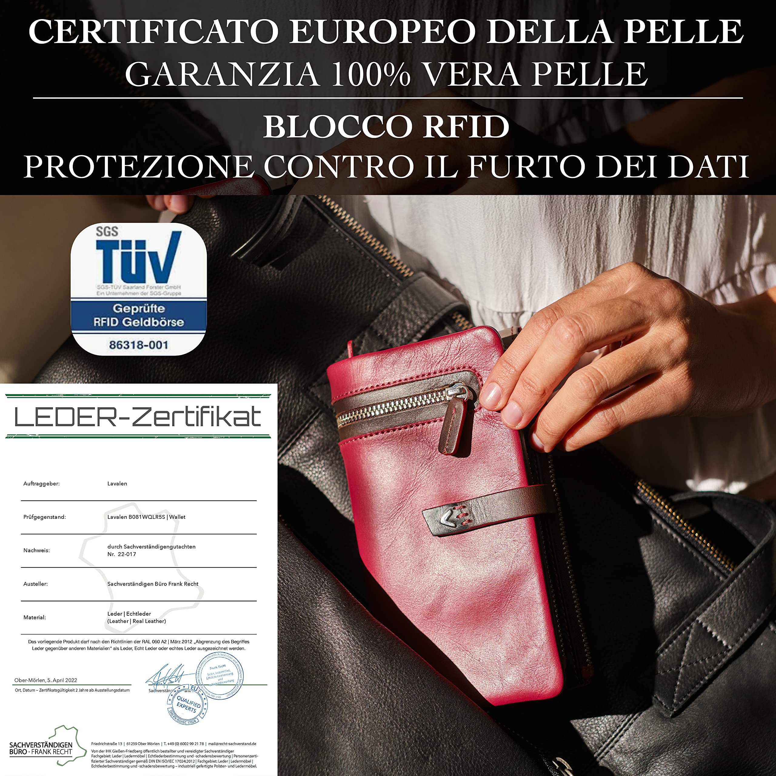 Portafoglio Donna Pelle Vera - Portamonete RFID Fatto a mano - Porta Tessere Firmato Rosso - Regalo Perfetto.