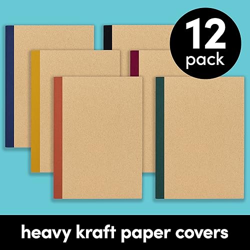 Miniatura 3 de PAPERAGE Paquete de 12 cuadernos de composición, 120 páginas, cubierta de papel kraft con lomo de tono de joya, papel rayado con rayas