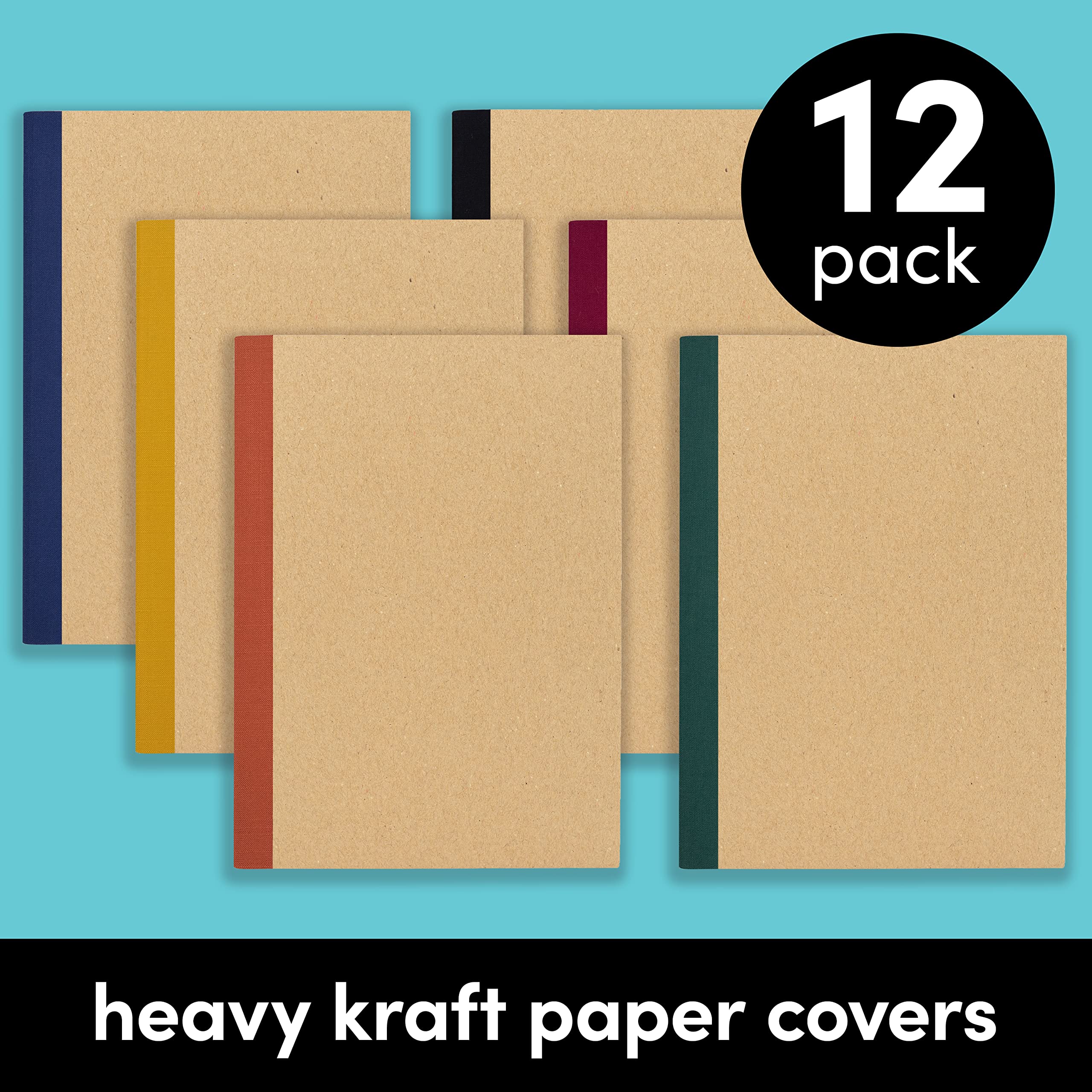 PAPERAGE Confezione da 12 quaderni per composizione, 120 pagine, copertina in carta kraft con dorsi color gioiello, carta a righe universitarie, di piccole dimensioni (20,3 x 14,6 cm), per scuola,