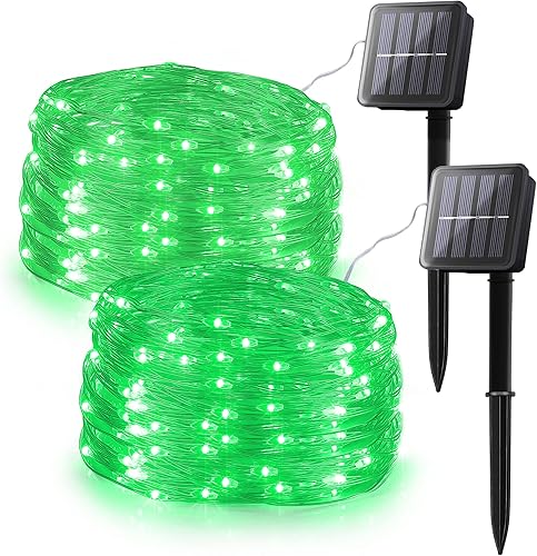 woohaha Paquete de 2 tiras de 100 luces LED solares verdes, luces solares de Halloween de 33 pies para exteriores, 8 modos, impermeables, luces