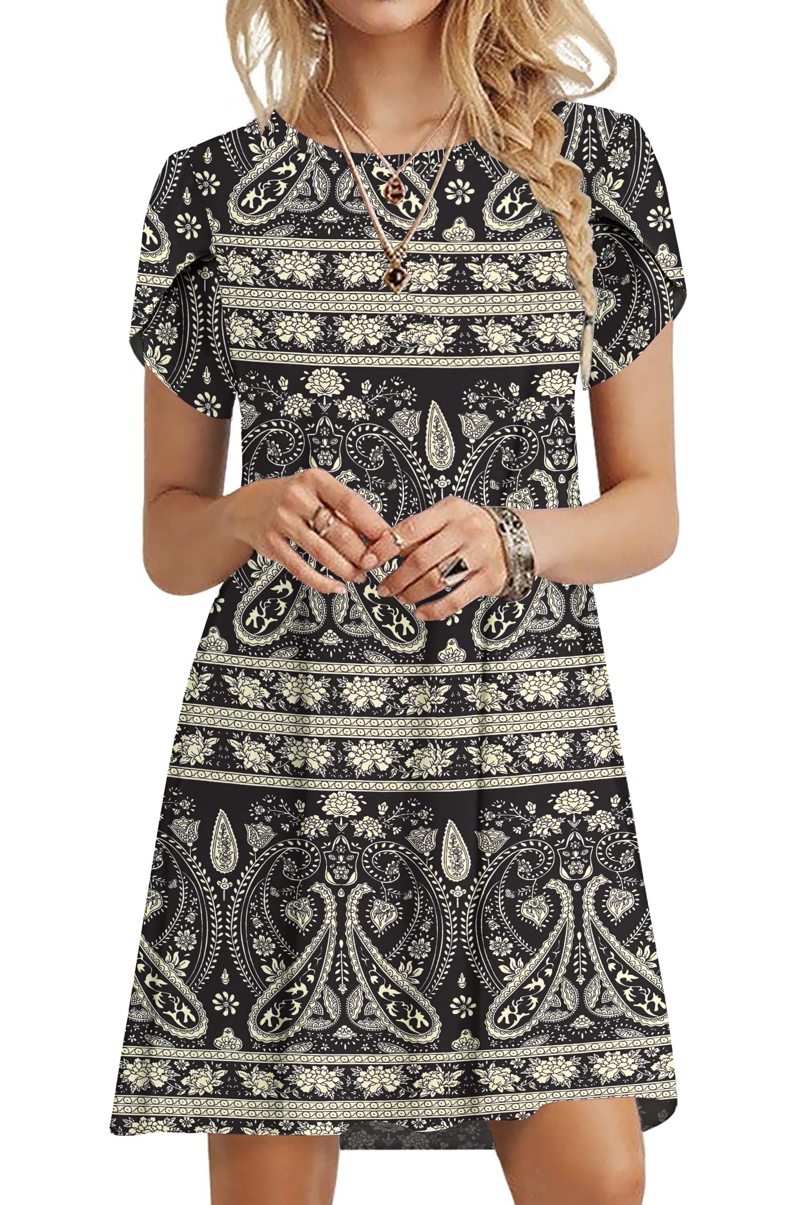 PLOKNRD Sommerkleid Damen Blütenblatt Ärmel T-Shirt Kleid Rundhals Blumenmuster Freizeitkleid Leicht und Luftig mit Taschen