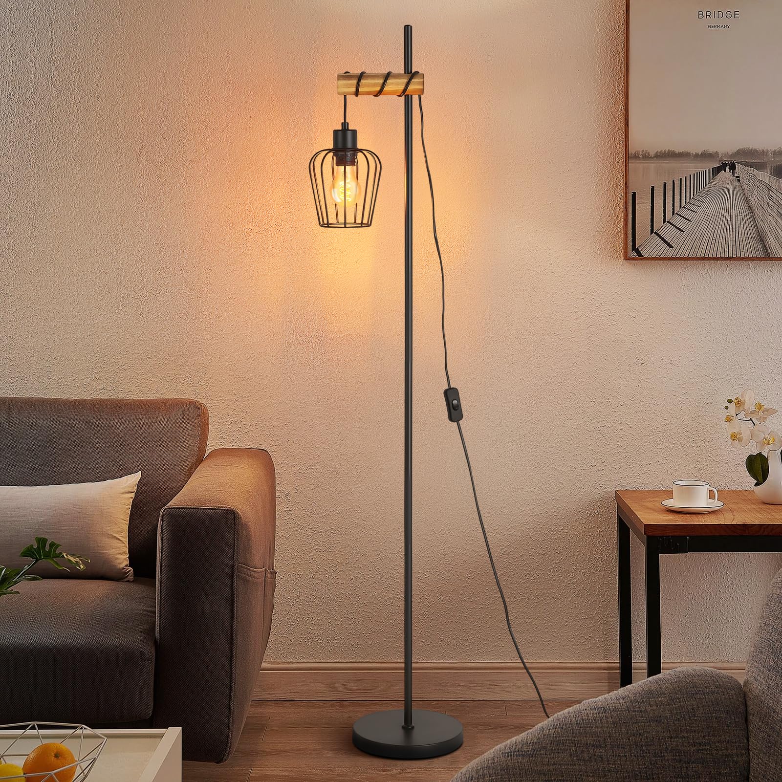 ZMH Stehlampe Wohnzimmer Holz Stehleuchte Vintage: Schwarz Wohnzimmerlampe stehend Standleuchte im Industrial Design aus Metall E27 Fassung 140cm Retro Standlampe für Schlafzimmer (ohne Leuchtmittel)
