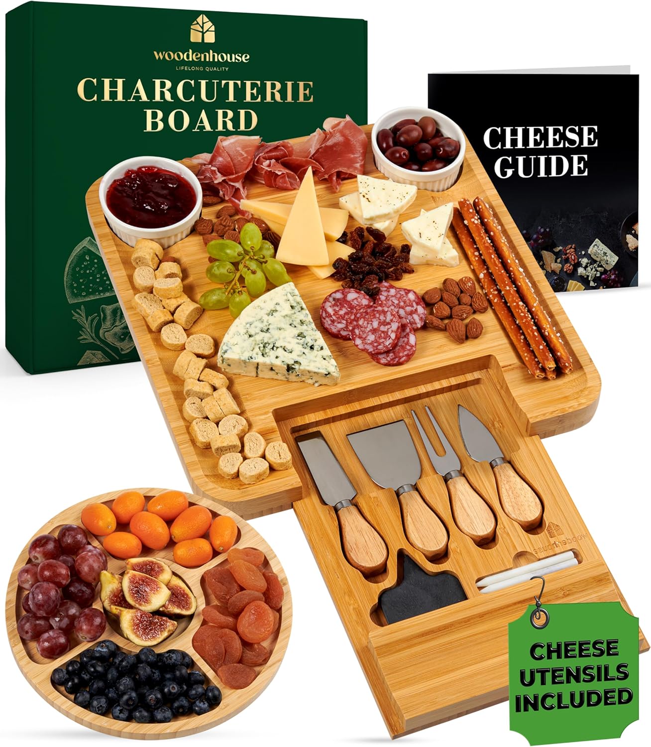 Bamboo Charcuterie Boards Gift Set - Meat and Cheese Tray with Utensils, Fruit Tray, and 2 Sauce Bowls Included - Bamboo Cheese Platter - House Warming Gifts New Home Couples &amp; Family, Wedding Gif