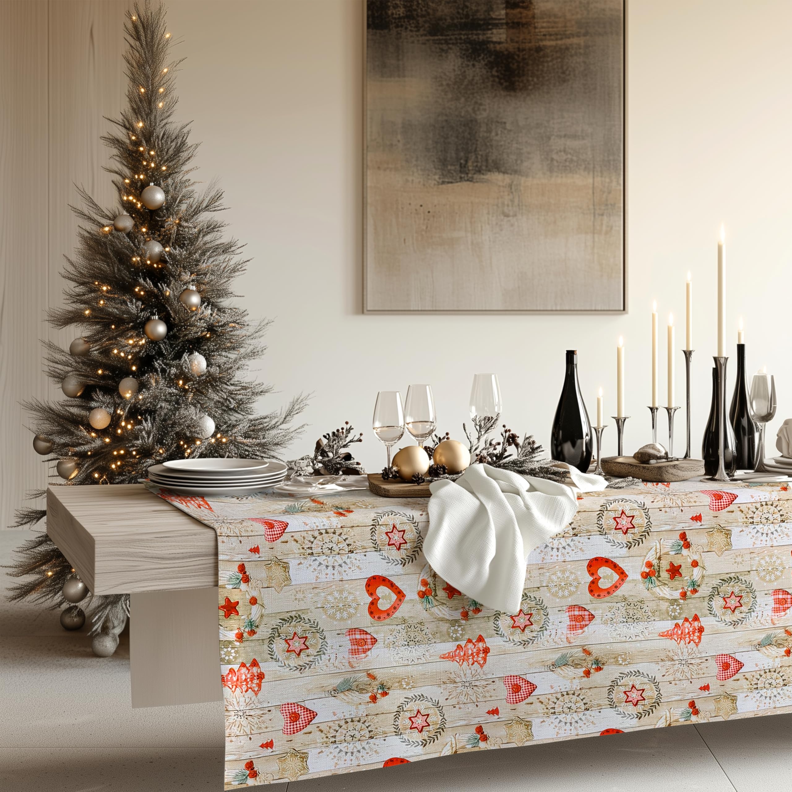 KP HOME Table Cloth Wipeable Christmas PVC Table Cloth Wipe Clean Tablecloth Oilcloth 140x300 Cream and Red Xmas Winter Ornaments 300x140 118x55 Wood Table Cover Waterproof Tablecloth Large 10 Seats