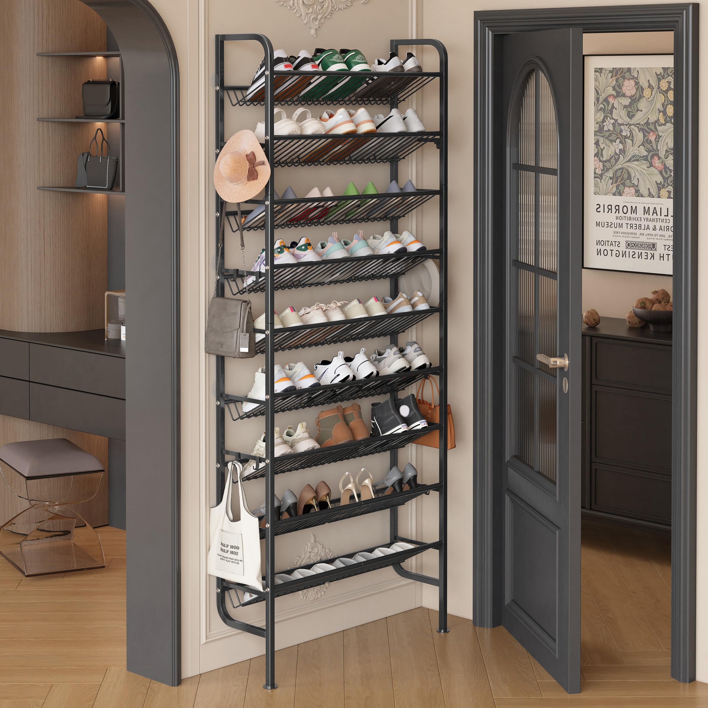 Zapatero para Puerta, Zapatero MetáLico de 9 Estantes para Colocar detráS de la Puerta, Zapatero Abierto, con 12 Ganchos para Despensa, Recibidor, SalóN (Negro, 70 x 20 x 177 cm)