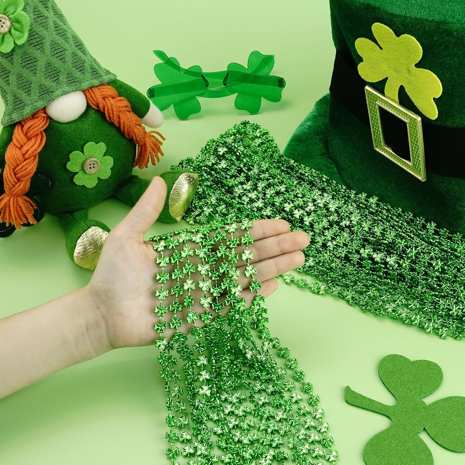ZZYFGH 24 Pcs St Patricks Day Shamrock Necklaces, St Patricks Day Necklace, Plastic Shamrock Necklaces Bulk 33" 7mm Green Clover-Shaped Beads Necklace for St. Patrick's Day Party Favors Decorations Gift - Image 6