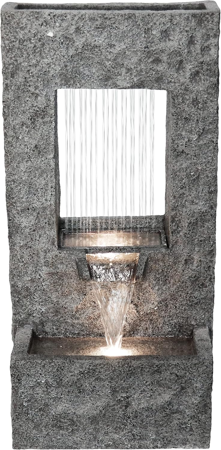 Hi-Line Gift Ltd. 32" H Rectangular Waterfall Fountain with Warm White LEDs, Gray