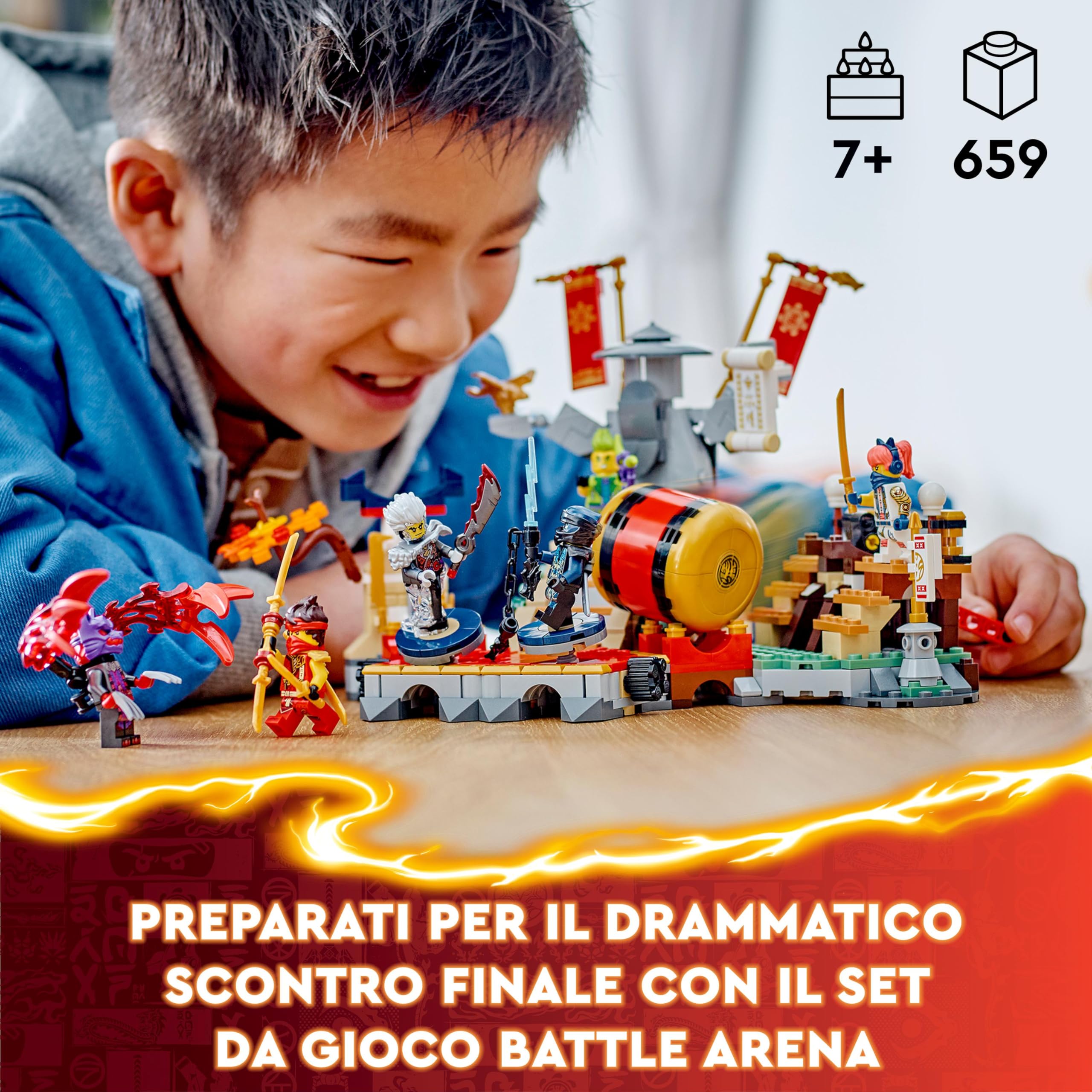 LEGO NINJAGO Torneo: Arena di Battaglia, Giochi d'Avventura per Bambini e Bambine da 7 Anni con 6 Minifigure di Eroi Giocattolo Ninja e Tempio con Funzioni da Costruire, Regalo di Compleanno 71818