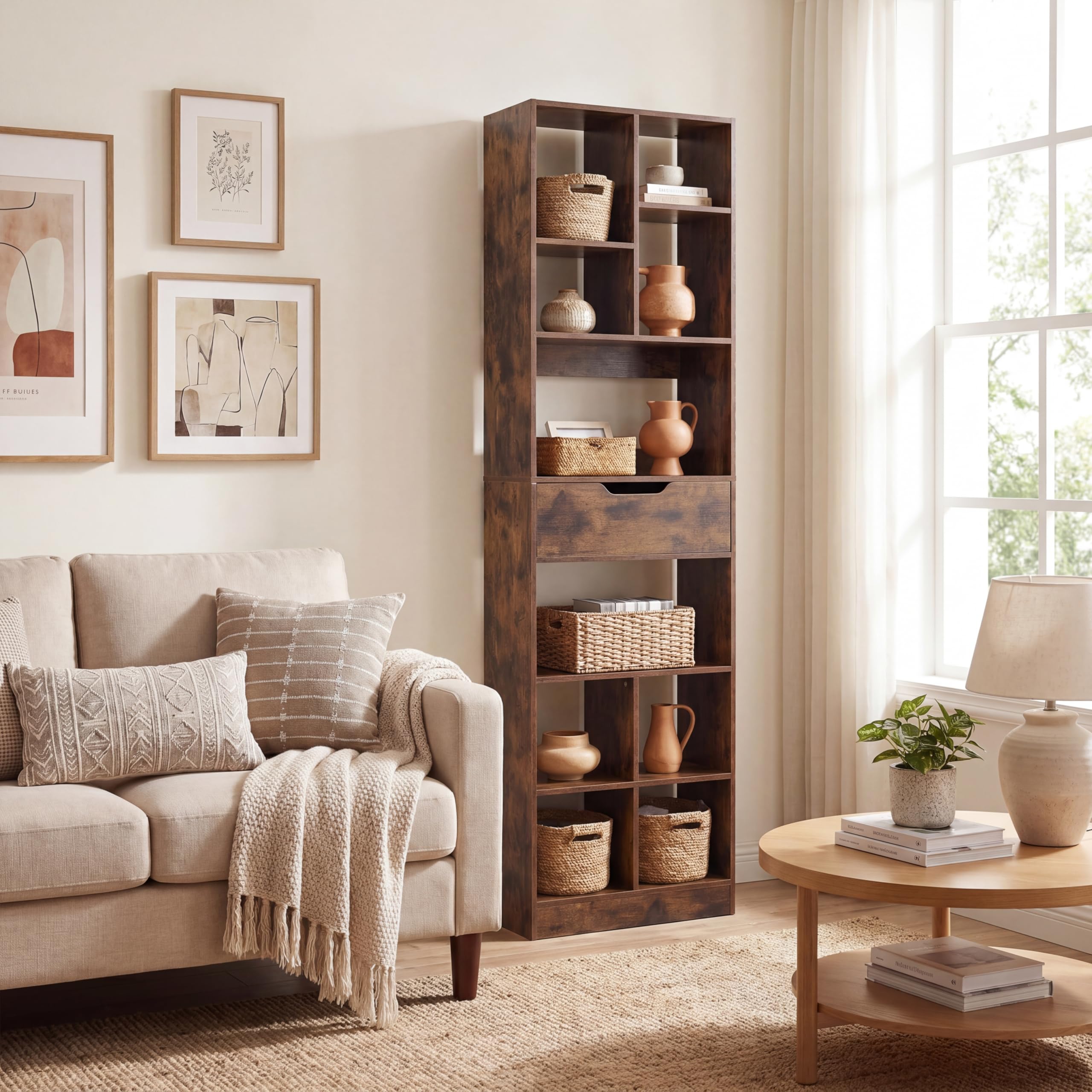 GIANTEX Bibliotheque Style Industriel Design, Etagere Bibliotheque à 10 Compartiments Ouverts et 1 Tiroir, Meuble de Rangement Géométrique pour Chambre Salon Bureau, 50 x 24 x 180 cm