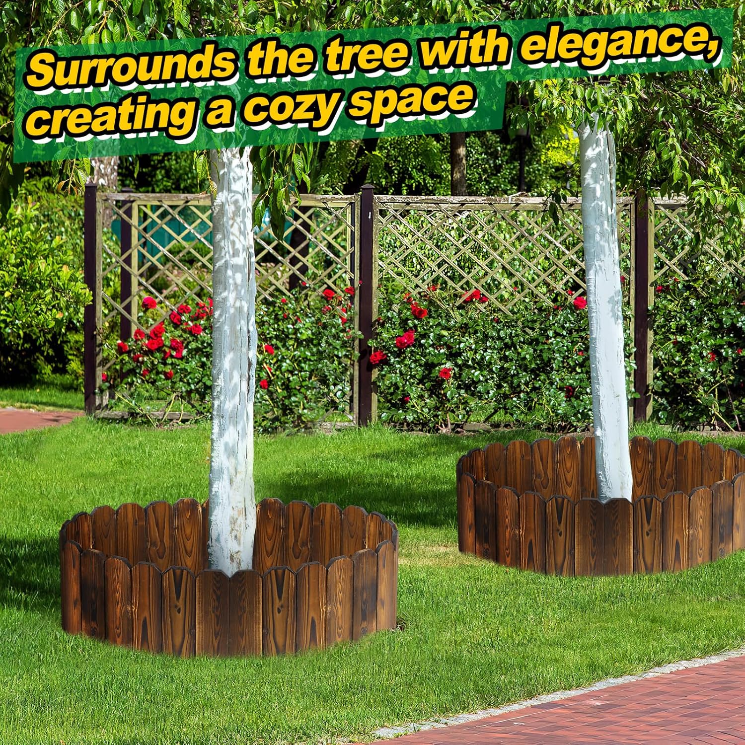 Rustic Pine Wood Garden Fence - 13.2ft Total Length (2pcs 6.6ft L*12in H) Easy to Install Sturdy Wooden Landscape Edging Border, No Fading Planter Fencing for Yard Flower Bed Lawns Pathway Tree