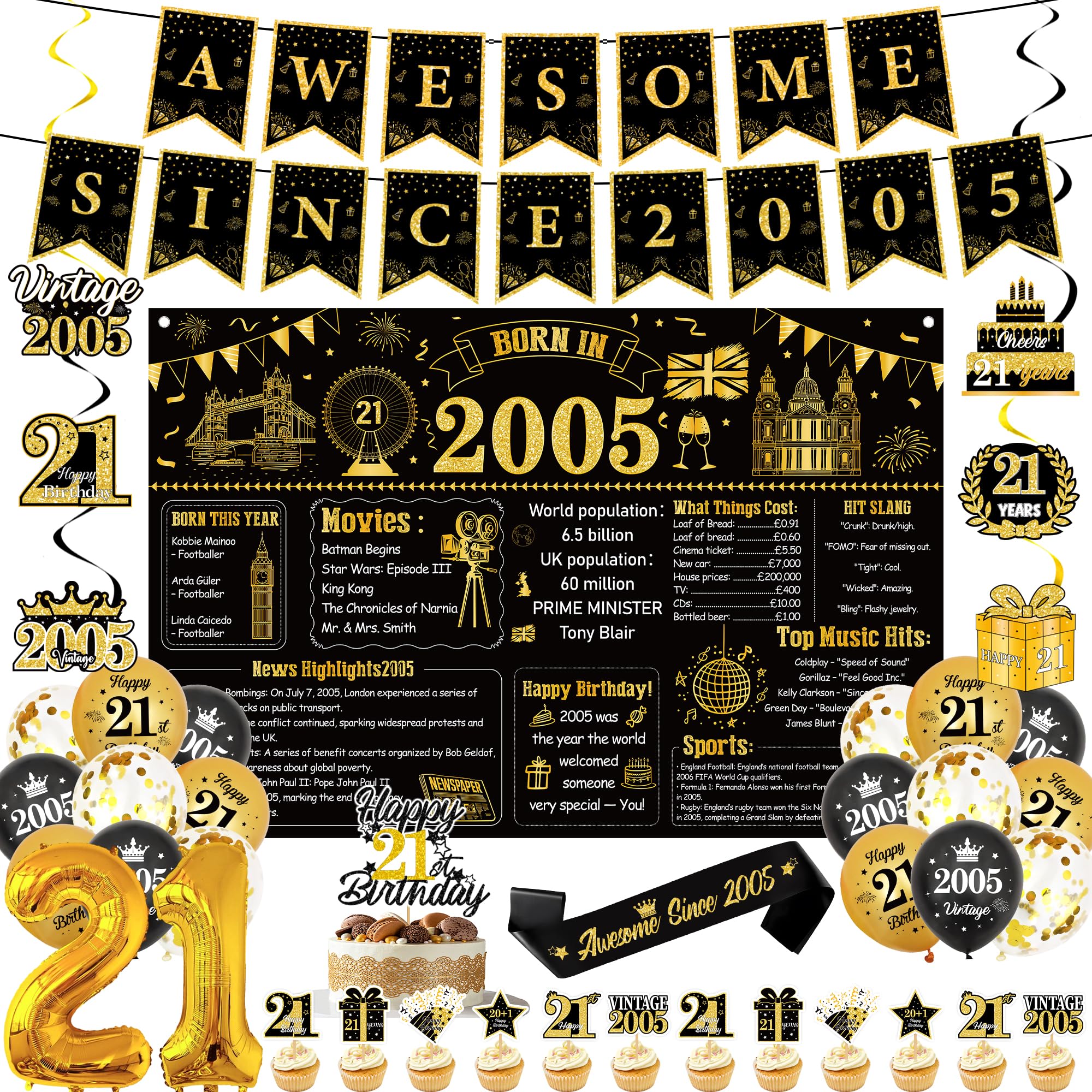 21st Birthday Decorations Set Boy - 43 Pcs Vintage Black and Gold Awesome Since 2005 Banners Backdrop Number Foil Balloons Hanging Swirls Shoulder Strap Cake Toppers for 21 Birthday Party Supplies