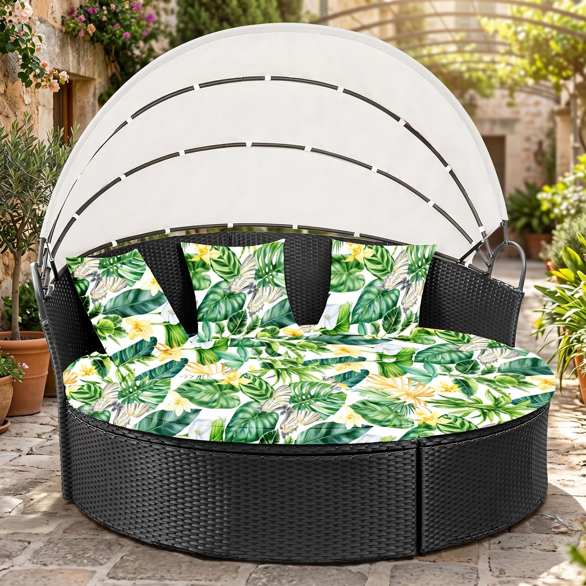 LiveGo Outdoor Daybed Cushion Cover, 66" Replacement Daybed Cover with Elastic Band, Sun Bed Cushion Cover, Outdoor Round Bed Cushion Covers (Green Leaves, 1 Round Cover + 3 Pillow Covers) — image 1