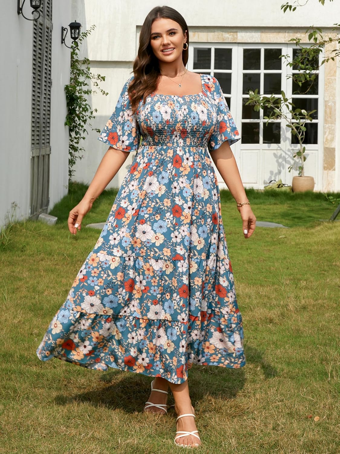 RWJ Women's 2026 Plus Size Summer Dress Short Sleeve Smocked Boho Wedding Guest Beach Vacation Floral Maxi Dresses - Image 3