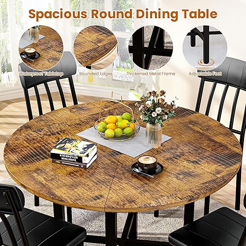 Miniatura 5 de AWQM Juego de mesa de comedor redonda para 4, mesa de cocina circular de madera y sillas para 4, juegos de comedor modernos con 4 sillas de piel