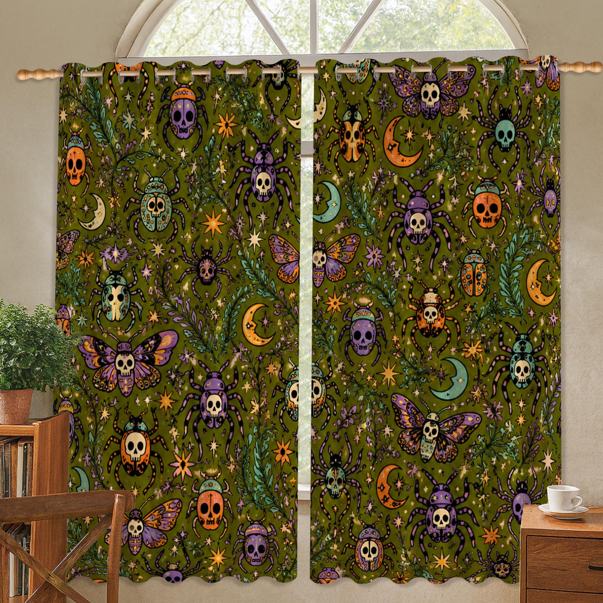 Rideaux occultants isolation thermique vert motif tête de mort enfant
