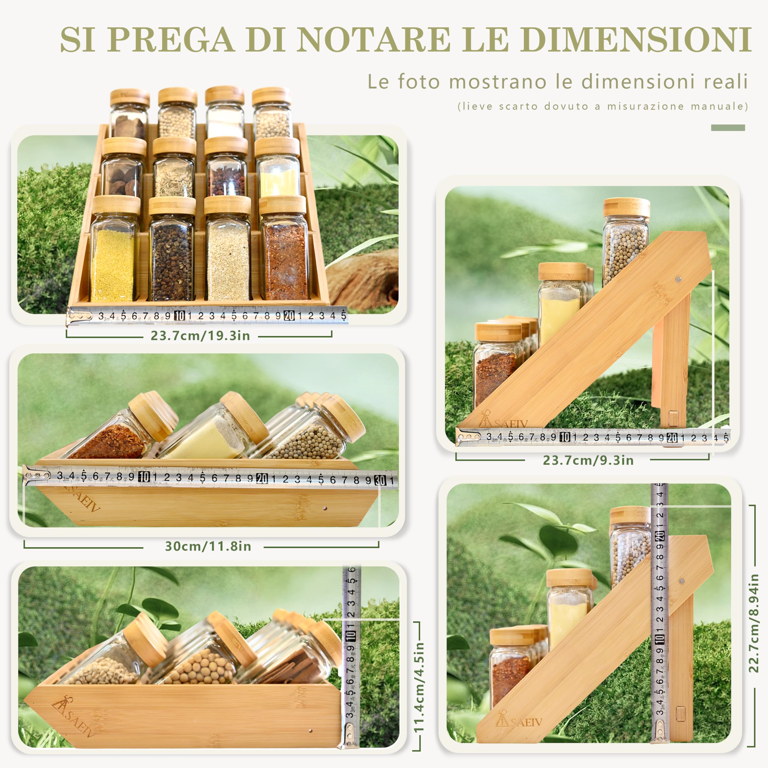 SAEIV Portaspezie 12 Barattoli Vetro Bambù a 3 Livelli, Porta Spezie per Cucina Salva Spazio, Porta Spezie per Piano e Cassetto, Portaspezie Salvaspazio con Tutti gli Accessori