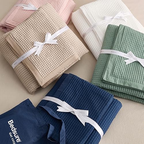 Miniatura 6 de Bedsure Juego de funda de edredón de algodón tamaño King, 100% algodón, tejido de gofre, color verde, suave y transpirable, para todas las