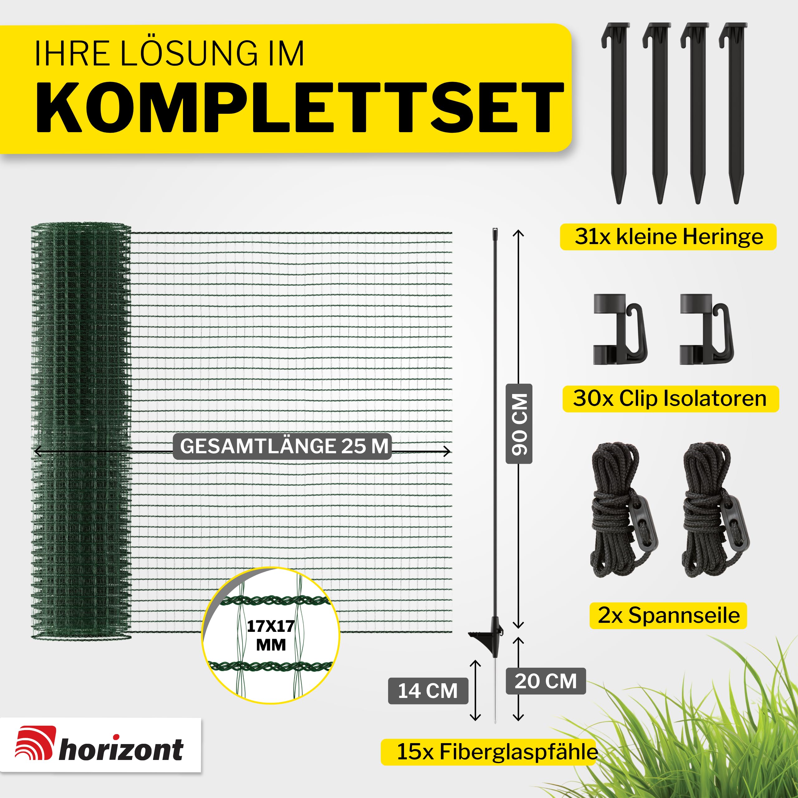 Mobiler Hundezaun Flex 25m x 90cm mit 15 Pfählen Begrenzungszaun Weidezaun Steckzaun