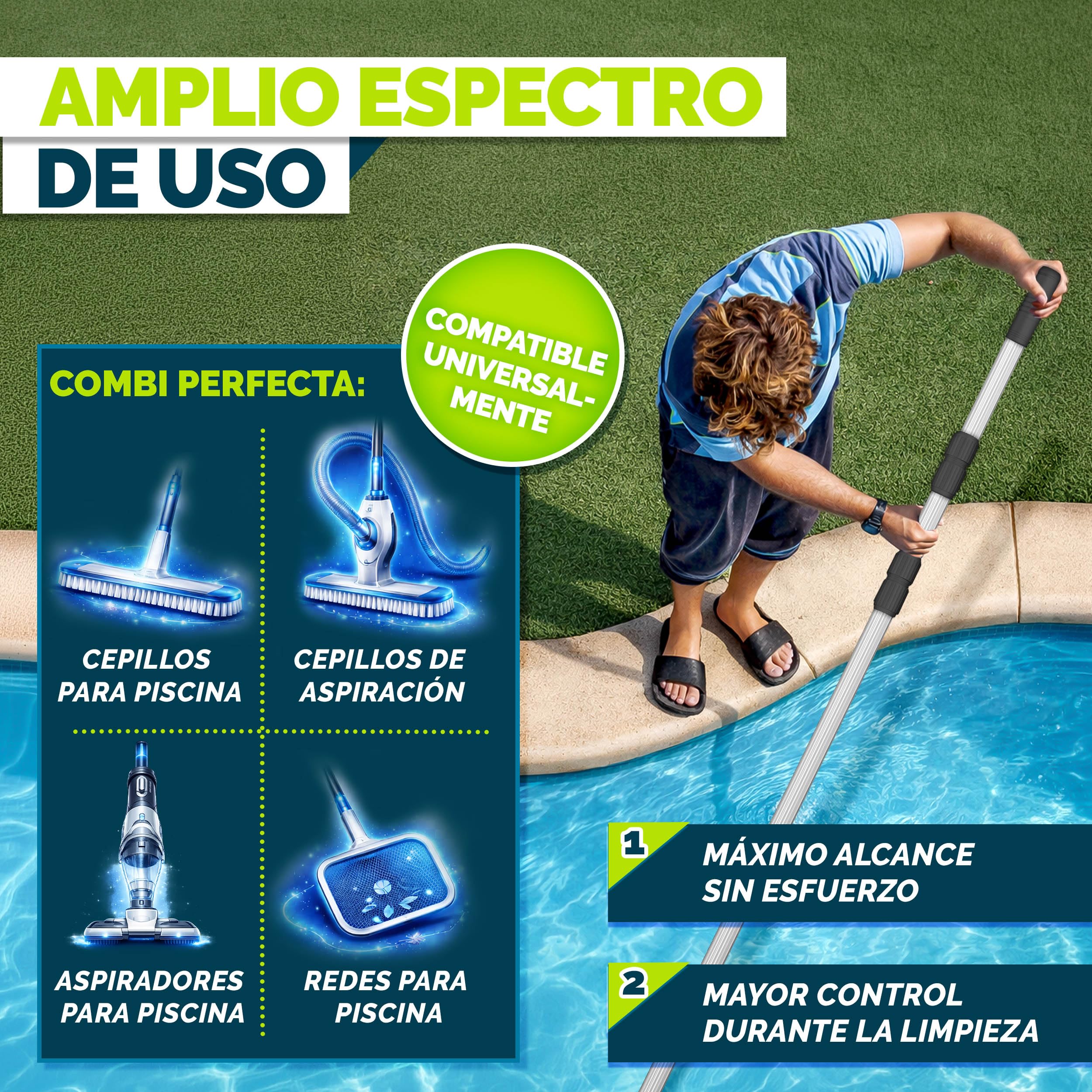 tillvex Barra telescópica para Piscina 1,20-3,60 m, Barra de Piscina de Aluminio, Barra para Limpieza de Piscinas, 3 Piezas