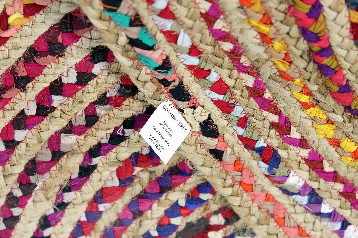 COTTON CRAFT Jute Cotton Chindi Braid Rag Rug - Boho Farmhouse Rustic - Handwoven Reversible Natural Jute and Recycled Cotton Throw Area Rug Carpet - Home Décor - 3 Feet Round Multi Color