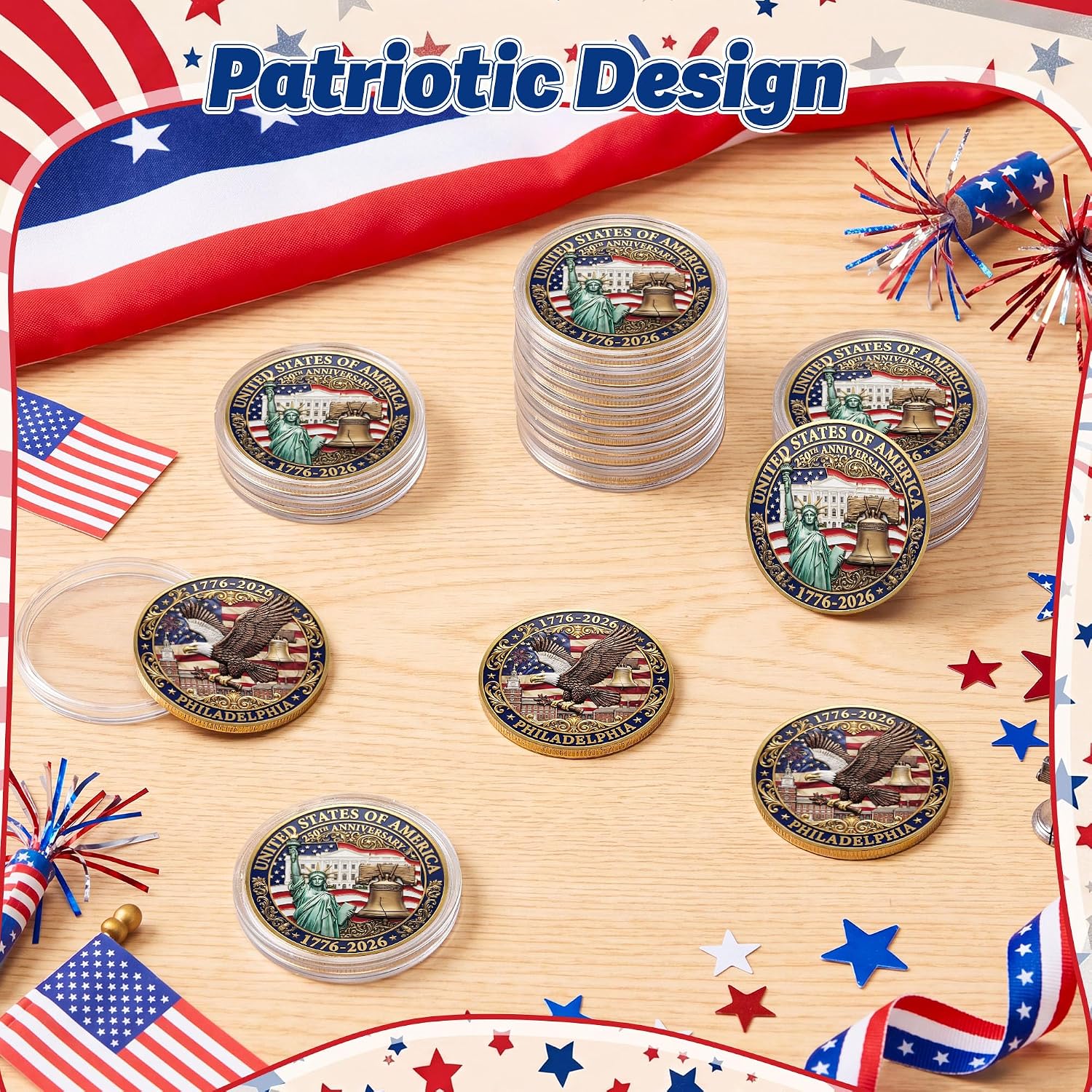 Kenning 24 Pack 1776-2026 250th Independence Anniversary Challenge Coins, Patriotic Collectible Set for 4th of July, Memorial Day Gifts for Veterans Men Women