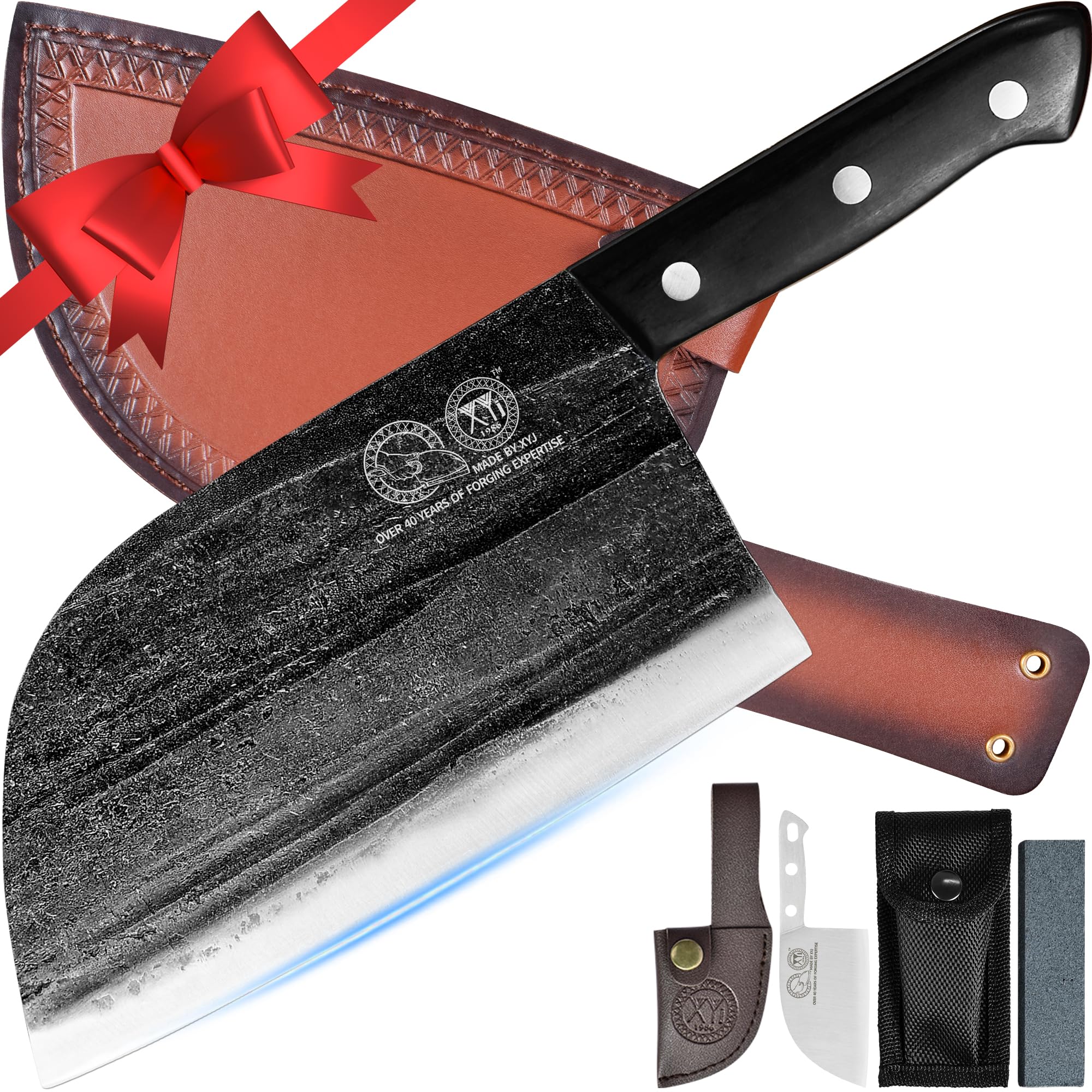 XYJ Authentic Since 1986,Outstanding Ancient Forging, 7.5 Inch Full Tang, Serbian Chefs knife,Chef Meat Cleaver,Kitchen Knives,Set with Leather Sheath,Take Carrying,Butcher