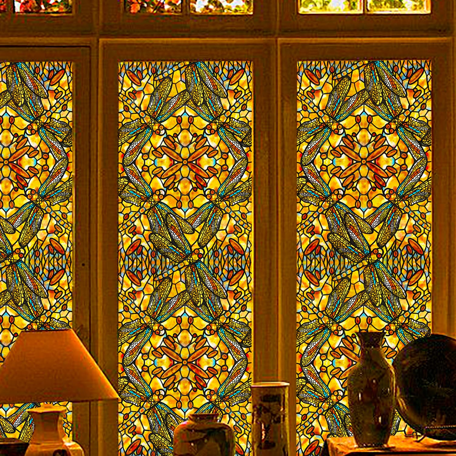 Flortlias Autumn Stained Frosted Glass Privacy Window Film, Non Adhesive Hand-Drawn Window Decals, Glass Door Covering for Home UV Protection/Heat Insulation, Boho Dragonfly, 22.83" Wide