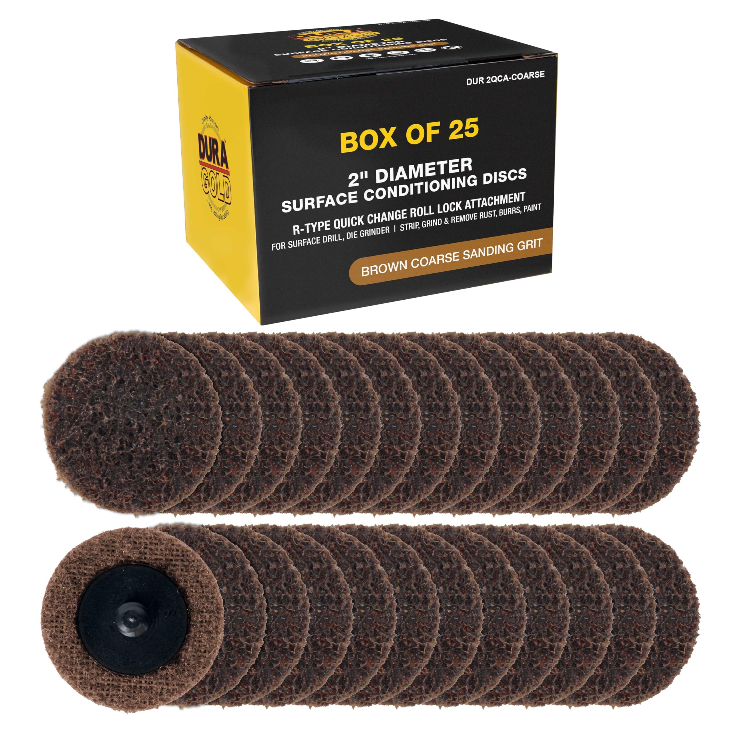 Dura-Gold 2" Diameter Surface Conditioning Discs Brown Coarse Sanding Grit (Box of 25) - R-Type Quick Change Roll Lock Connection Remove Rust Oxidation and Paint and Corrosion Removal