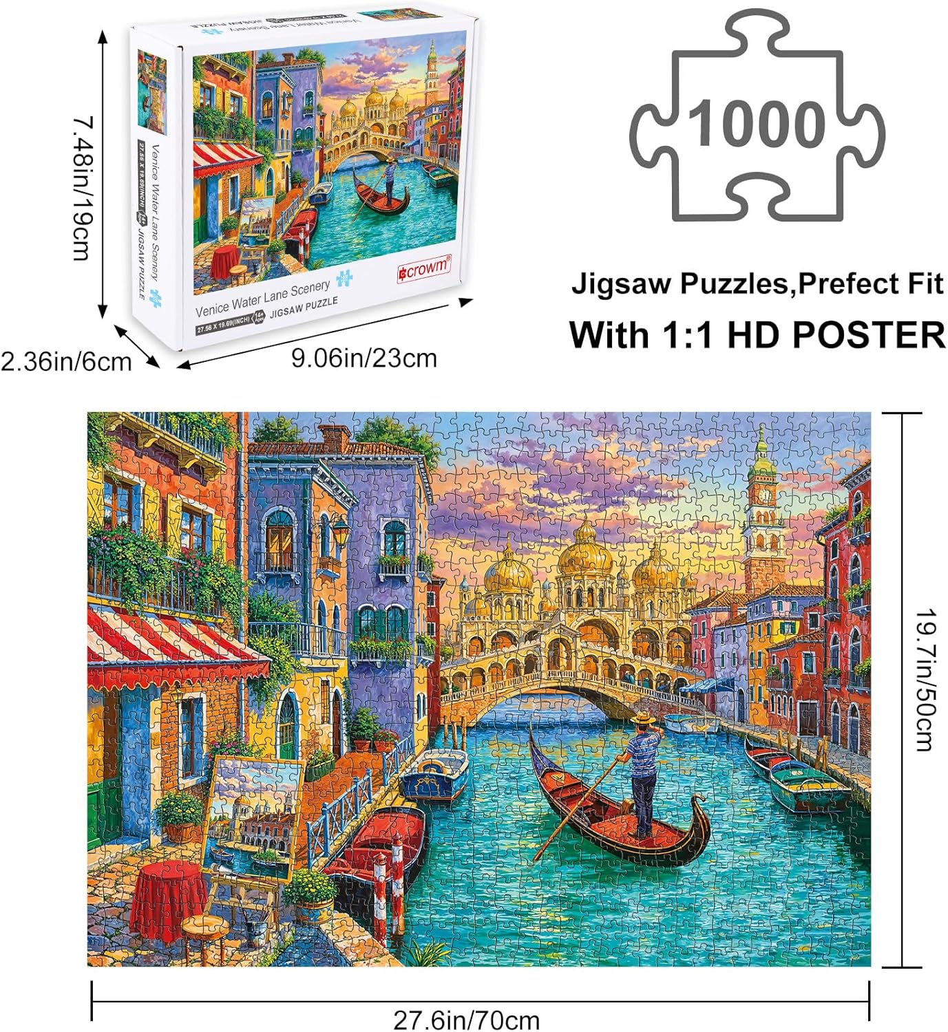 crowm Jigsaw Puzzles 1000 Pieces for Adults, Romantic Italy Jigsaw Puzzle Venice Water Lane Scenery Puzzles Sunset Landscape Perfect for Game Nights Europe City Scenic