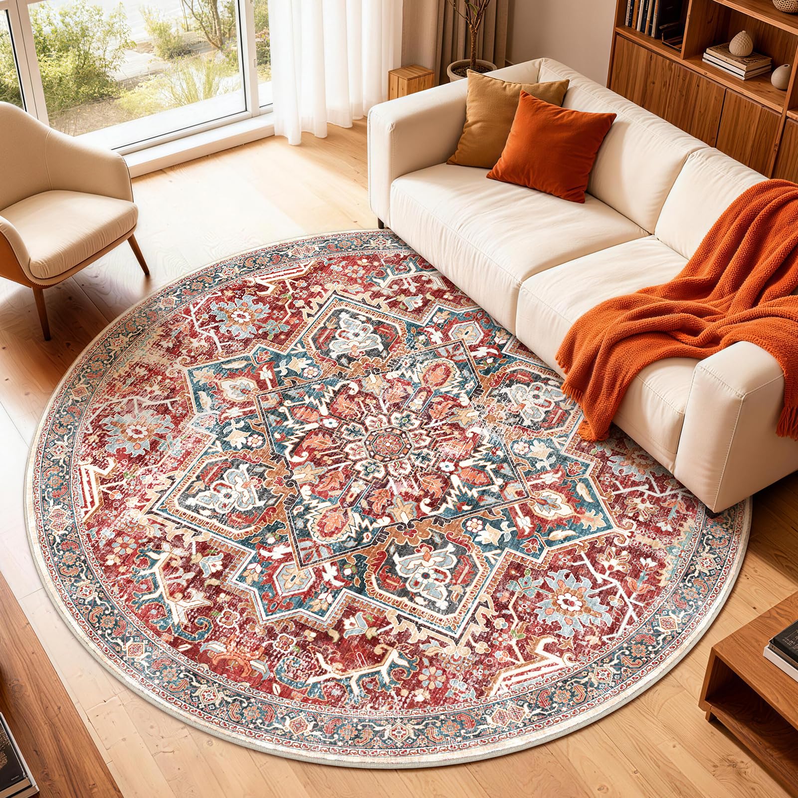 XSIVOD Round Living Room Rug, Washable Area Rugs for Bedroom, Non Slip Vintage Rugs for Dining Room Home Office, Soft Low Pile Floral Rug Accent Floor Carpet for Home Decor, 120 x 120 cm, Orange/Red