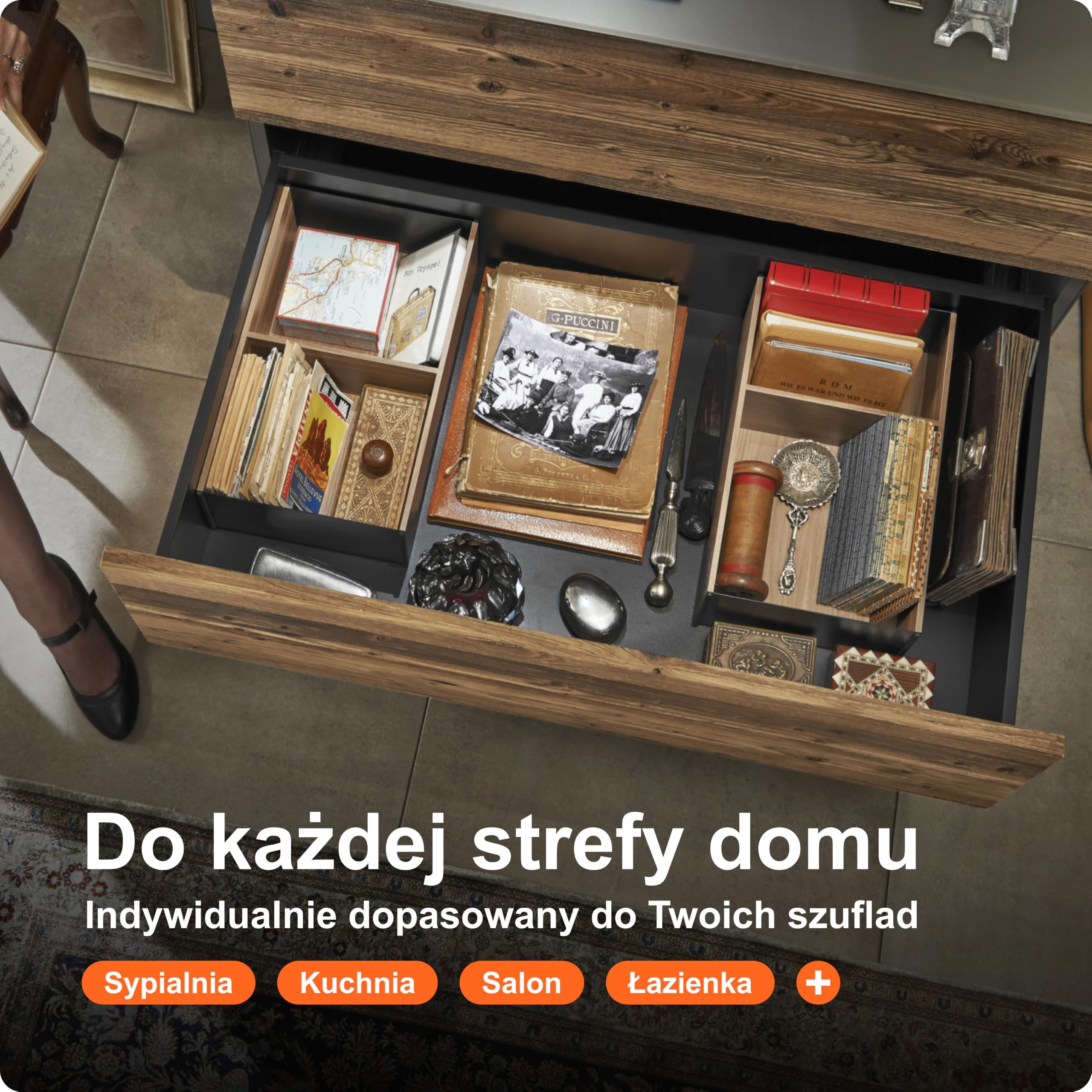 blum AMBIA-LINE organizer szuflady w premium dekorze drewna | idealny kuchnia, łazienka, garderoba | użycie modułowe i pewne trzymanie dzięki nóżkom antypoślizgowym | 27×24×11 cm | Orzech Tennessee
