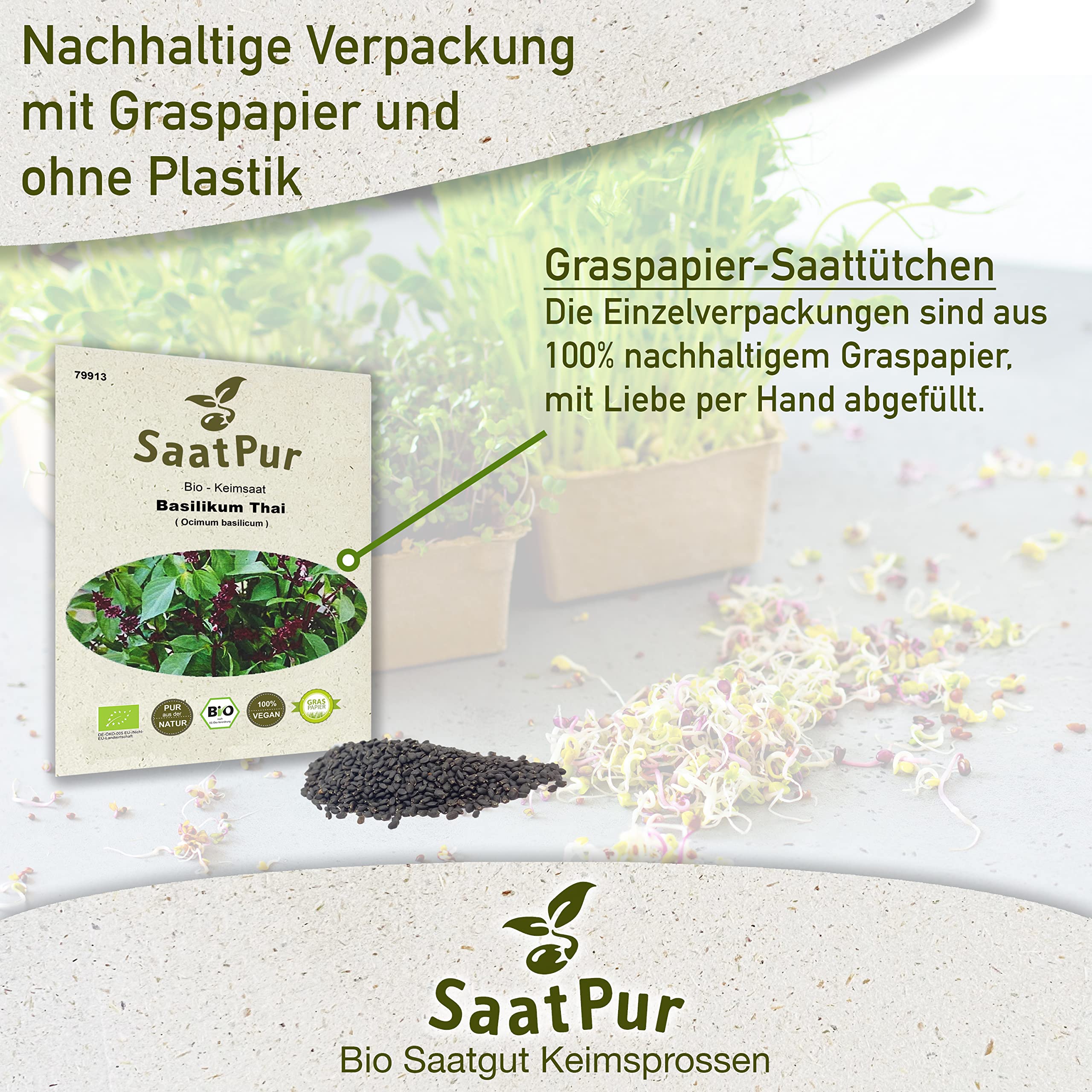 Bio Sprossen Samen Basilikum Thai - 100% Bio Keimsprossen - Microgreens mit hoher Keimkraft - Großes Tray mit 100 Portionstüten je 5g
