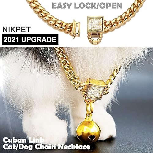 Miniatura 6 de Collar de cadena de oro para perro con campana y hebilla de bloqueo de circonita cúbica de 0.236 pulgadas, acero inoxidable de 18 quilates, cadena