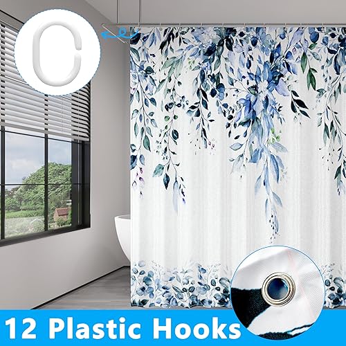 Miniatura 5 de Cortina de ducha de hojas de eucalipto azules para baño juego de cortinas de ducha con acuarela de arte estético con ganchos, tela de poliéster