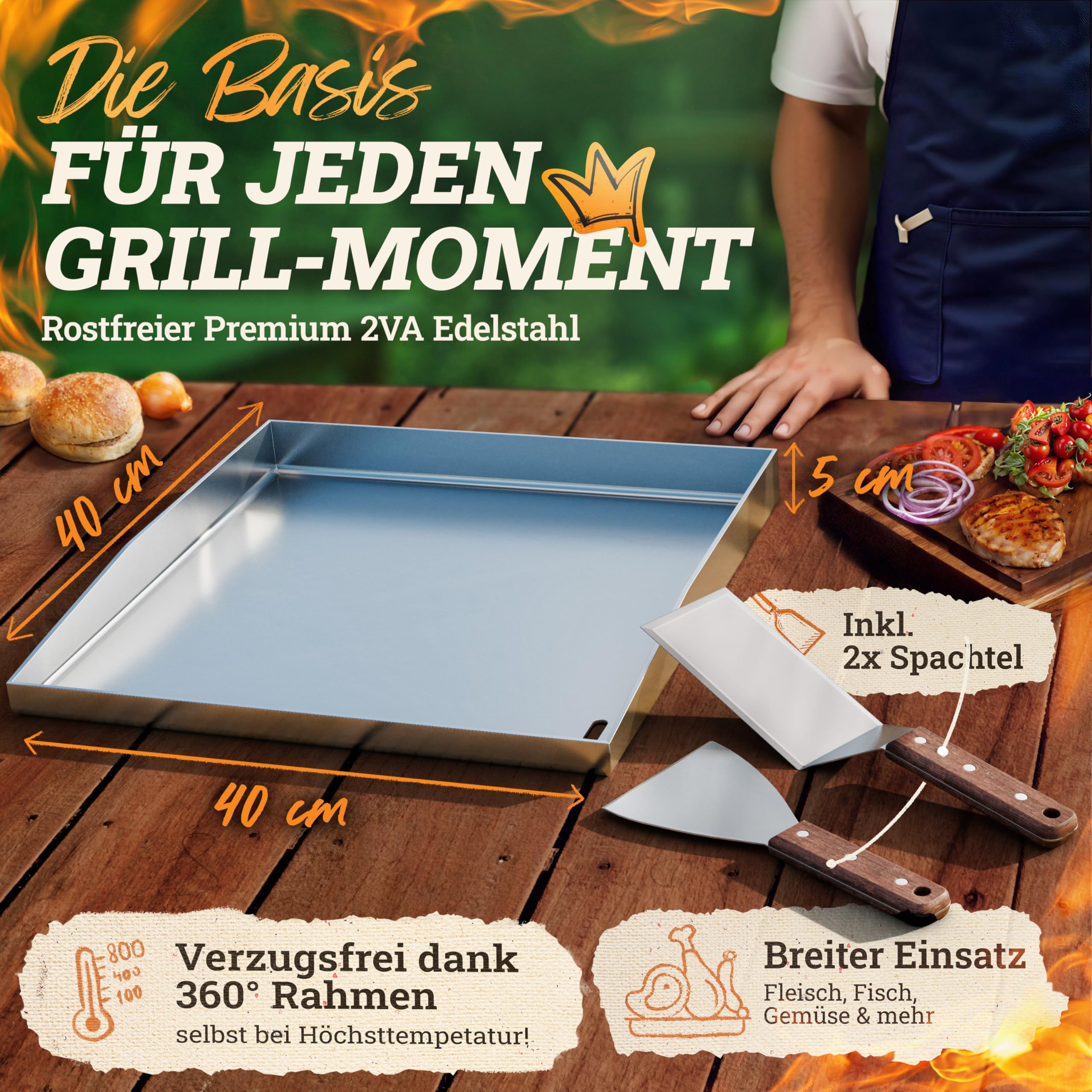 Plancha - Piastra per barbecue [40 x 40 cm), con 2 spatole con manico in legno di acacia FSC, accessori per barbecue, in acciaio inox, senza deformazioni, griglia a gas Plancha, angoli chiusi senza