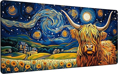 Highland Cow Starry Night - Alfombrilla de mouse grande para escritorio, teclado extendido, alfombrilla de mouse de anime con base antideslizante y